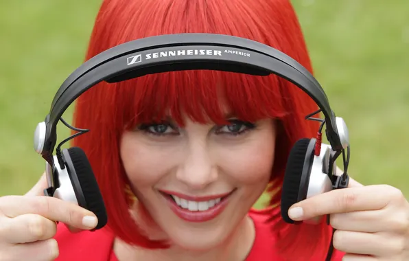 Picture girl, advertising, headphones, red