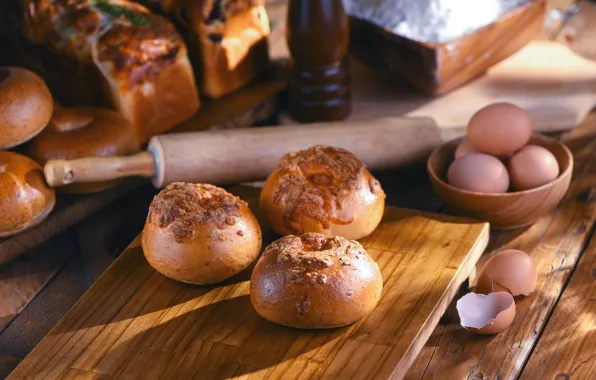 Eggs, cakes, roll