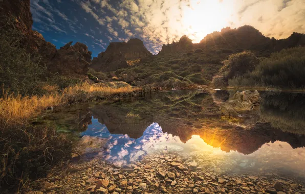 Grass, water, the sun, rays, landscape, mountains, nature, reflection