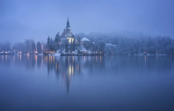Winter, fog, lake, island, morning, Slovenia, Lake Bled, Slovenia