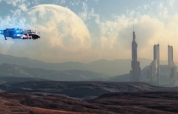 Space, spaceship, planets, digital art, science, outer
