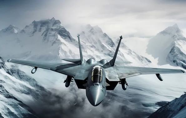 Mountains, The plane, Snow, Flight, Fighter, Front, Digital art, AI art