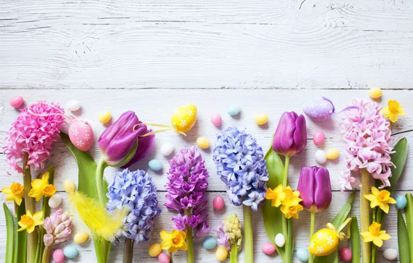 Flowers, spring, colorful, Easter, crocuses, tulips, wood, flowers