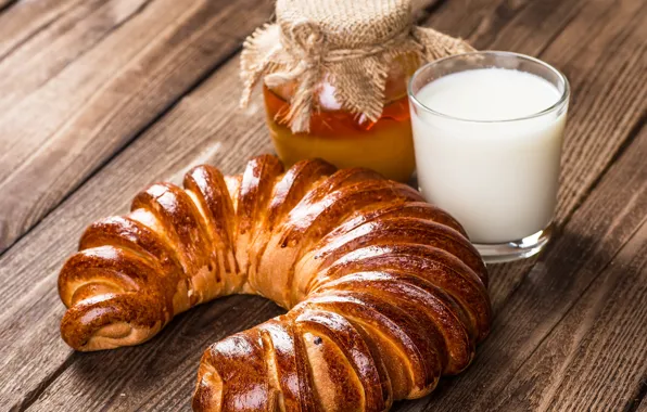 Picture milk, honey, cakes, buns