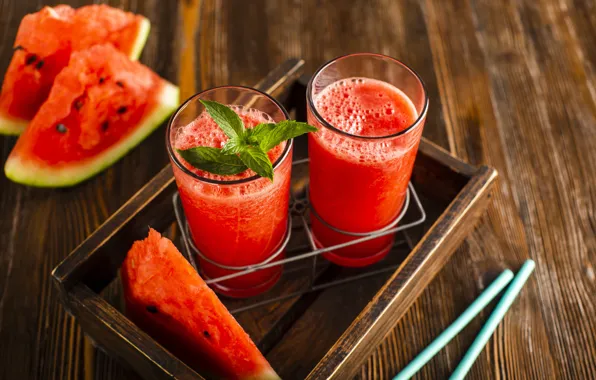 Picture glass, watermelon, drink, mint