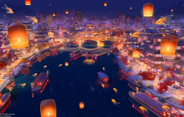 Bridge, river, China, boats, Asia, goldfish, stairs, lanterns