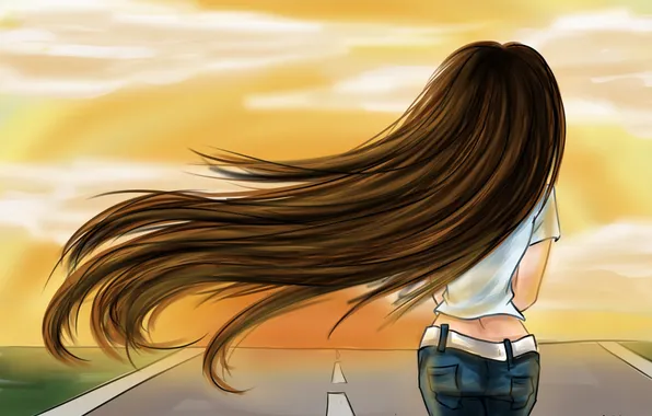 Road, the sky, girl, mood, back, jeans, art, long hair