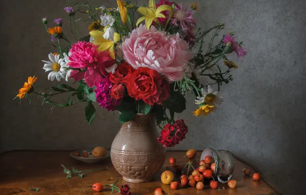 Rose, Lily, bouquet, Daisy, cherry, peony, calendula