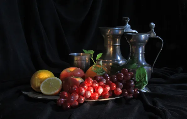 Lemon, glass, Apple, grapes, pitcher, still life