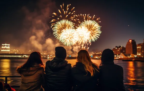 The sky, night, the city, lights, river, girls, holiday, building
