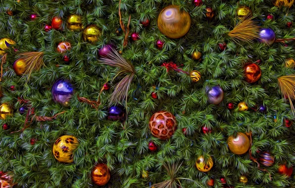 Picture balls, decoration, background, holiday, toys, new year, Christmas, spruce