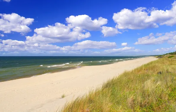 Sand, wave, beach, the sky, clouds