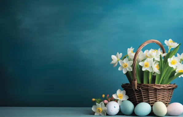 Flowers, holiday, eggs, bouquet, Easter, daffodils, universal holiday background