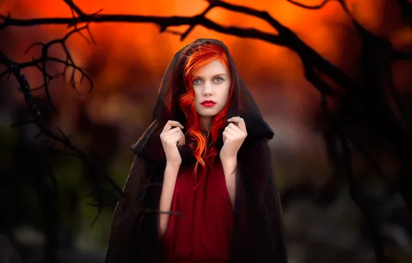 Sunset, portrait, makeup, hood, redhead
