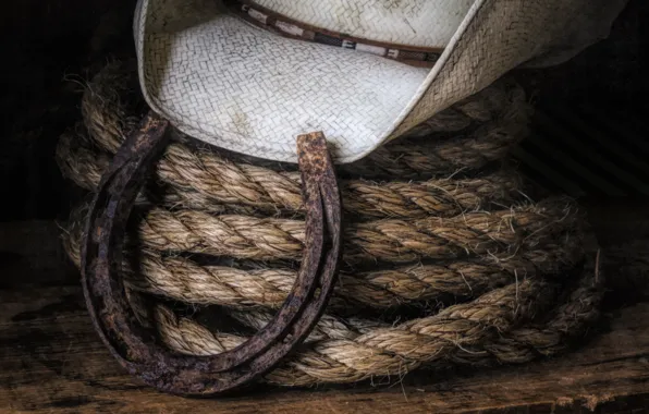 Hat, rope, horseshoe