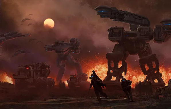 The sun, the explosion, war, ships, technique, robots, soldiers, future