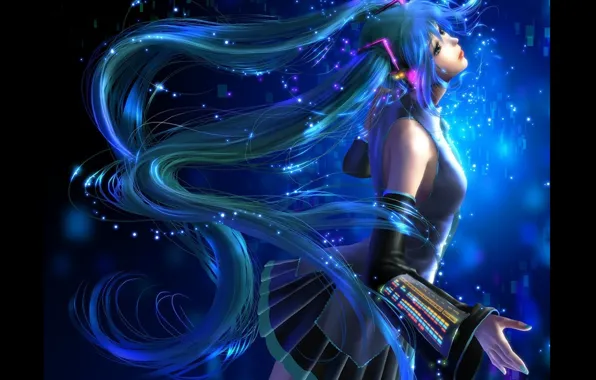 Picture lights, lights, black background, vocaloid, hatsune miku, long hair