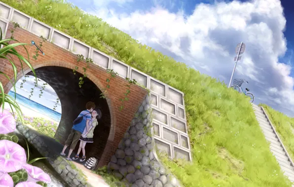 Picture sea, the sky, clouds, flowers, bridge, bike, shore, anime