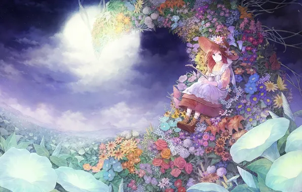 Picture flowers, night, the moon, hat, garden, art, girl, lake