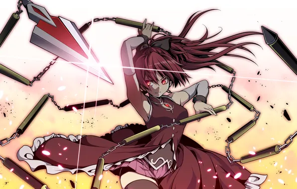 Picture girl, metal, weapons, art, chain, red eyes, mahou shoujo madoka magica, the tip