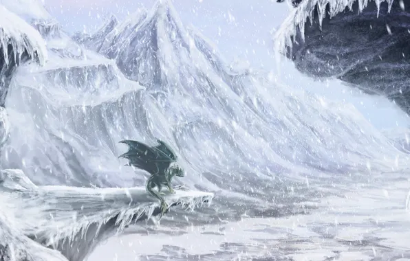 Picture winter, snow, mountains, rocks, dragon, valley, art