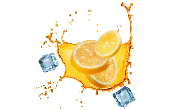 Ice, water, squirt, lemon, white background, ice, water, slices