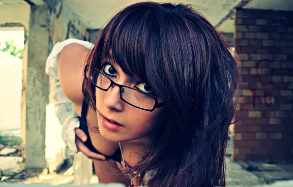 Chest, girl, face, brunette, glasses