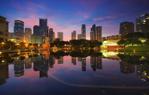 Sunset, lake, reflection, mirror, horizon, Malaysia, Kuala Lumpur