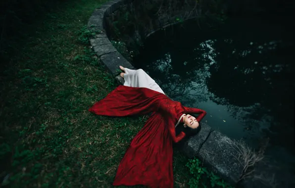 Picture girl, lies, Asian, red dress, pond, closed eyes