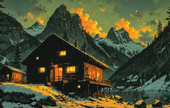 Landscape, mountains, house, comic, comic book stylization