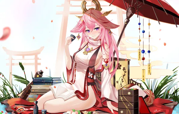 Book, cups saucers, food for tea, umbrella on the earth, Genshin Impact, Yae Miko, Yae …
