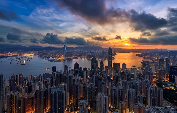 Night, Hong Kong, China, skyscrapers