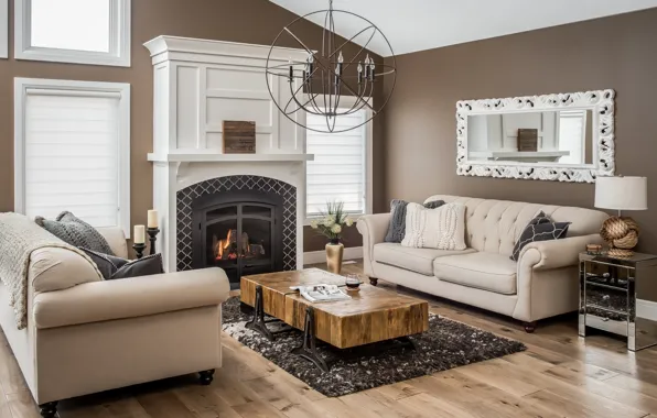 Design, style, sofa, mirror, fireplace, table, living room, decor