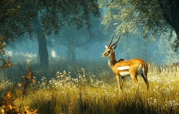 Forest, grass, trees, nature, fog, glade, ROE, AI art