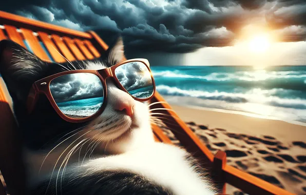 Sand, sea, beach, cat, the sun, sunset, clouds, reflection