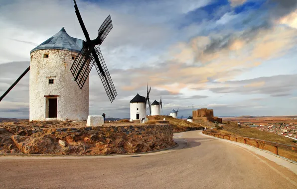 Picture road, clouds, mill