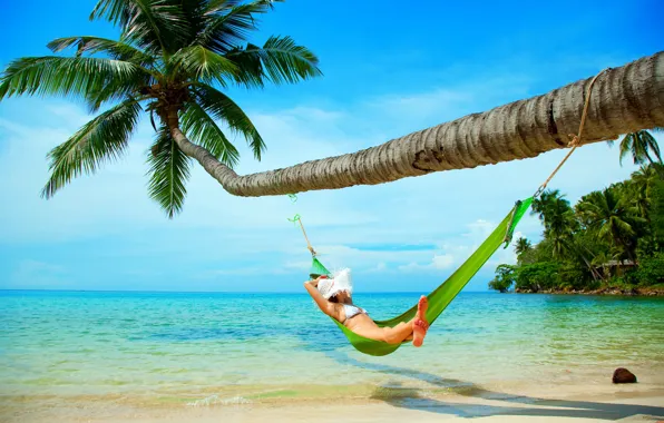 Picture sand, sea, beach, the sky, girl, Palma, hat, hammock