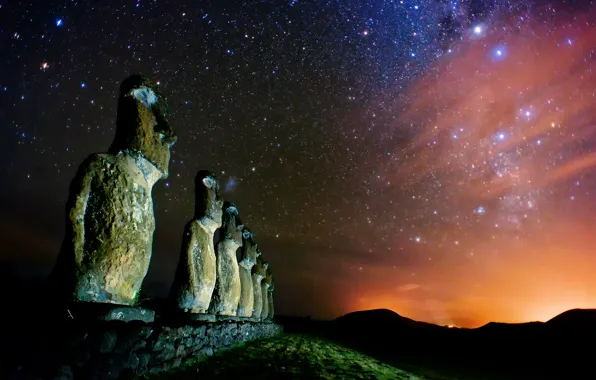 Picture stars, night, the milky way, Magellanic clouds, Ostrov Easter, Rapa Nui, the Moai statues