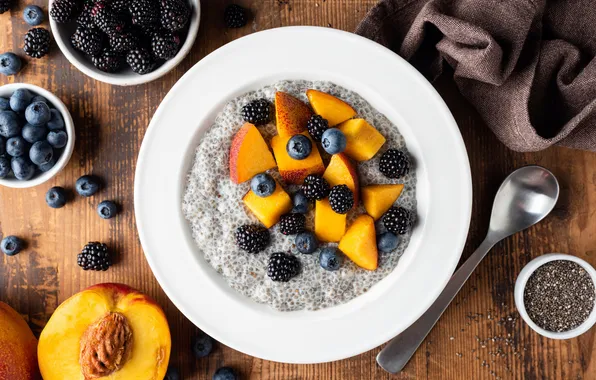 Berries, Breakfast, seeds, blueberries, plate, peaches, BlackBerry