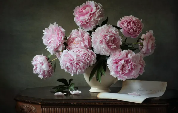 Leaf, bouquet, vase, peonies