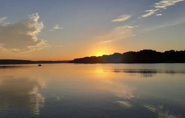 The sun, clouds, river, sunrise, boat, fisherman, morning