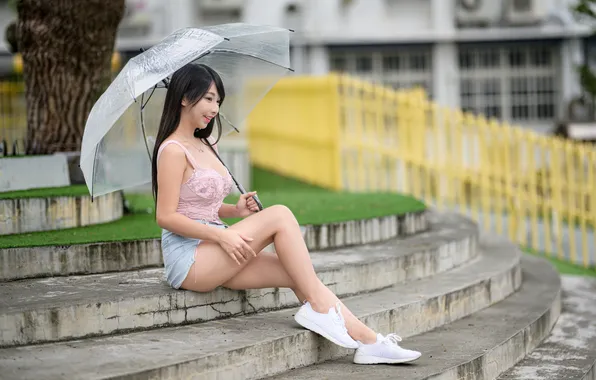 Shorts, Mike, Ladder, Smile, Asian, Umbrella, Brunette, Feet