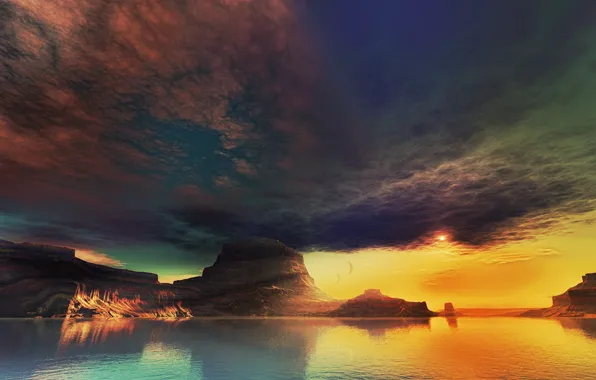 Clouds, sunset, lake, rocks, art, lightdrop