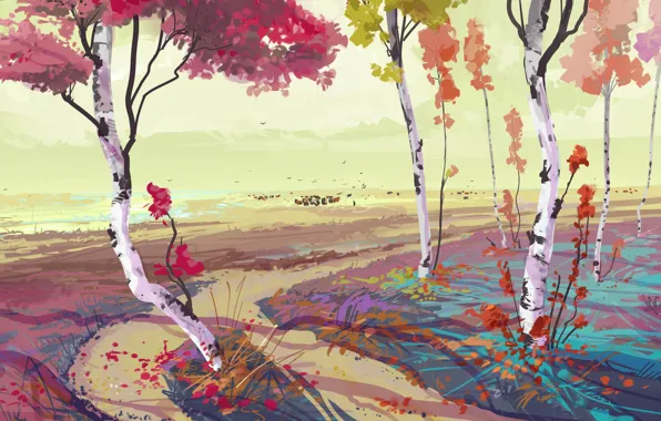 Autumn, trees, art, birch, painted landscape