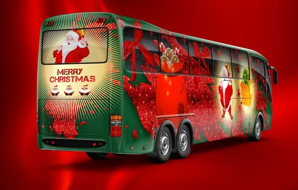 Christmas, New year, Bus, Santa Claus, Merry Christmas, Back, Red background, Merry Christmas