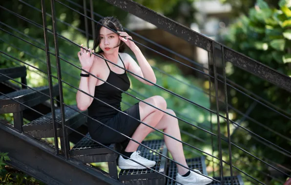 Picture girl, pose, brunette, ladder, girl, Asian, black dress, asian