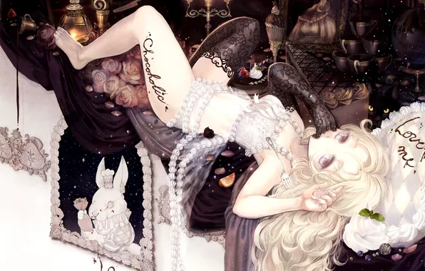 Girl, lamp, orange, roses, rabbit, underwear, sweets