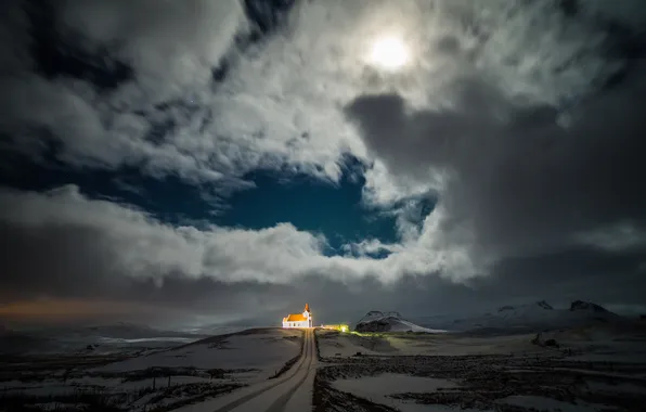 Road, clouds, light, hills, the moon, Church