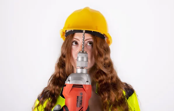 Girl, face, hair, construction, helmet, drill