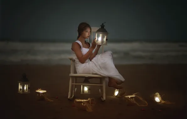 Picture sea, girl, shore, lamp